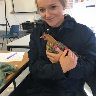 Photo of student Amy Hodgkiss holding a hen