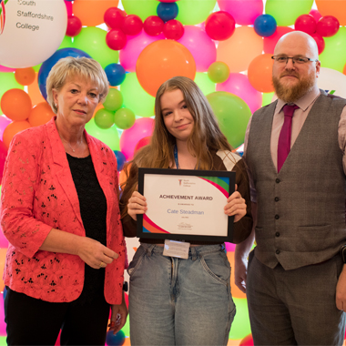 Cate Steadman being presented with Student of the Year Award by Claire Boliver and Andy Cartwright