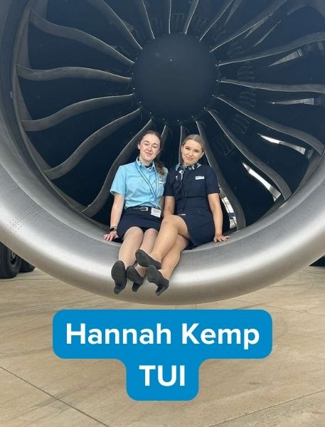 Former travel student Hannah Kemp sitting on plane working for TUI