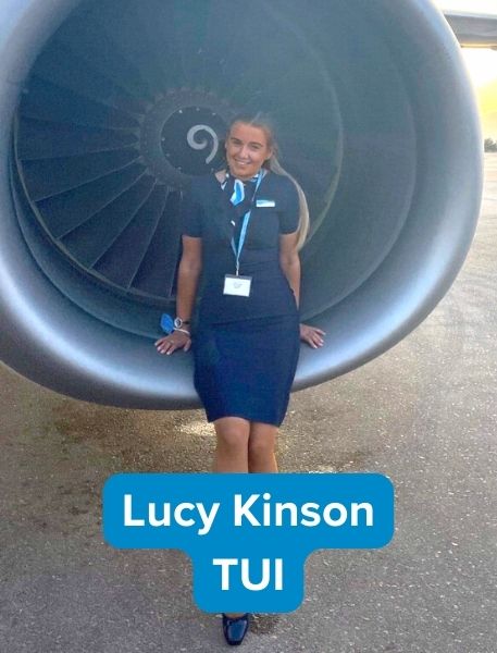 Former travel student Lucy Kinson sitting on plane working for TUI