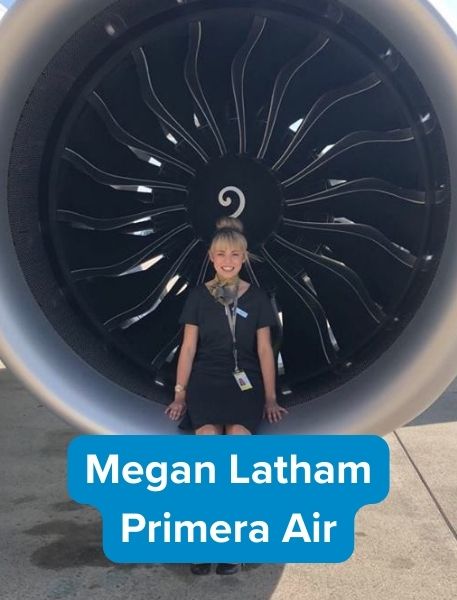 Former travel student Megan Latham sitting on plane working for Primera Air