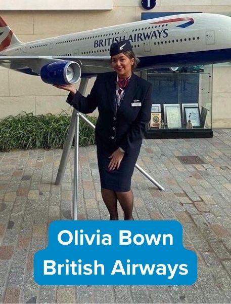 Former travel student Olivia Bown standing next to plane now working for British Airways