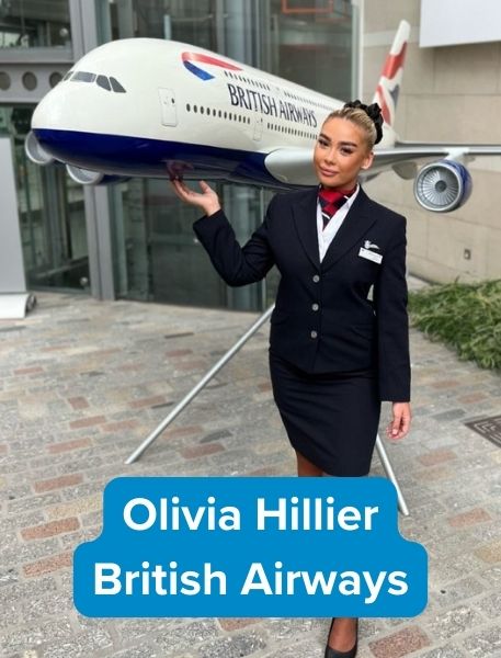 Former travel student Olivia Hillier standing next to plane now working for British Airways