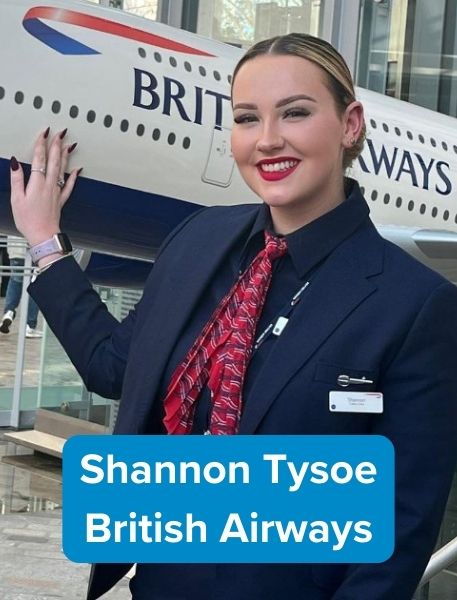 Former travel student Shannon Tysoe standing next to plane now working for British Airways