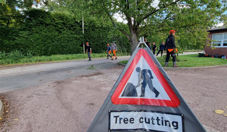 Photo of a sign that says tree cutting with students in the background