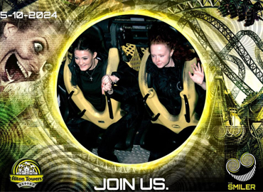 On-ride photo of travel students on The Smiler at Alton Towers