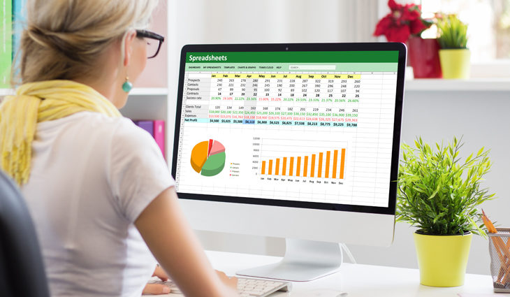 Woman working on a spreadsheet on computer