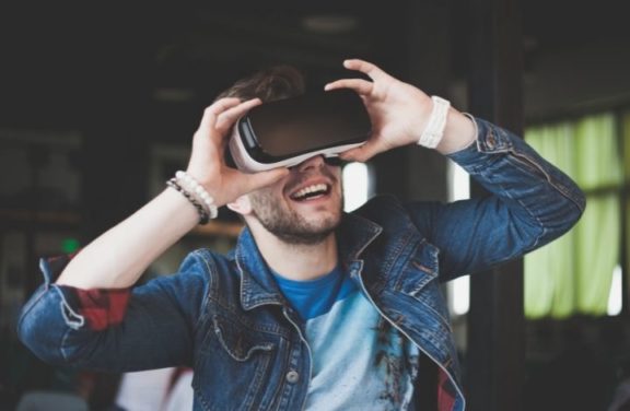 Students wearing a VR mask