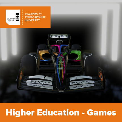 Higher Education Games graphic showing a South Staffordshire College themed race car